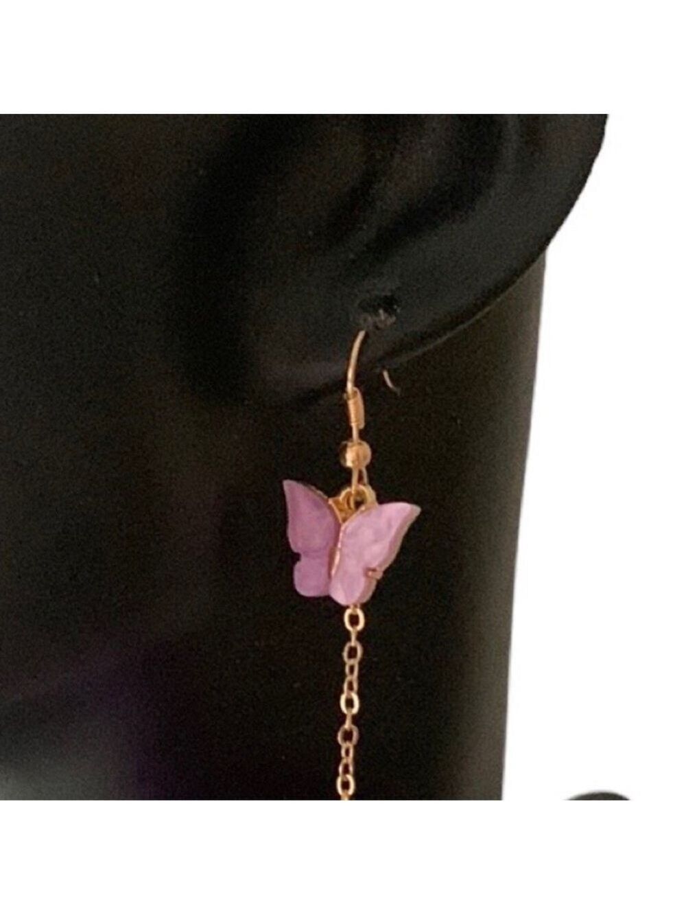 LAVENDER Pom Pom Butterfly Pierced Earrings Gold Tone Chain - Picture 3 of 4